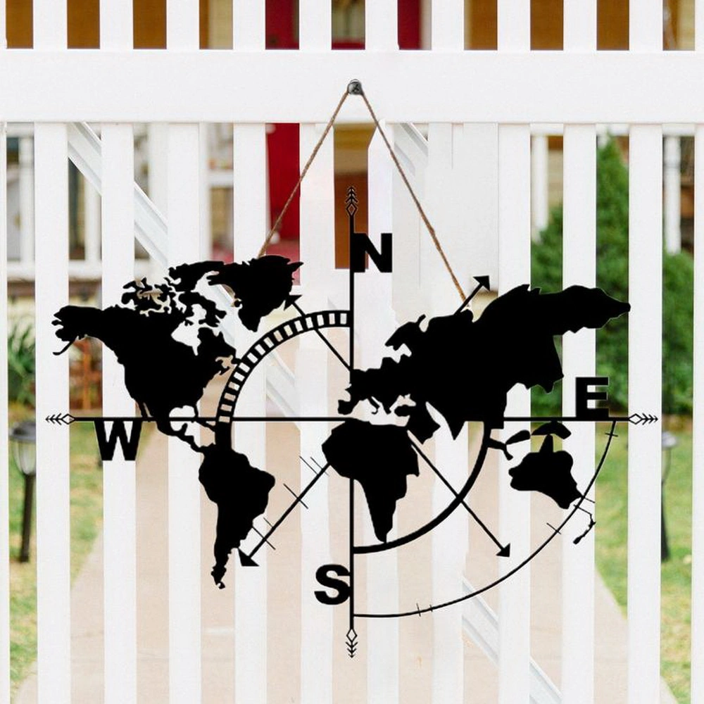 Metal World Map Wall Art Compass Design Wall Decor Hanging Art for Home Office School Classroom Living Room Bedroom Decorations